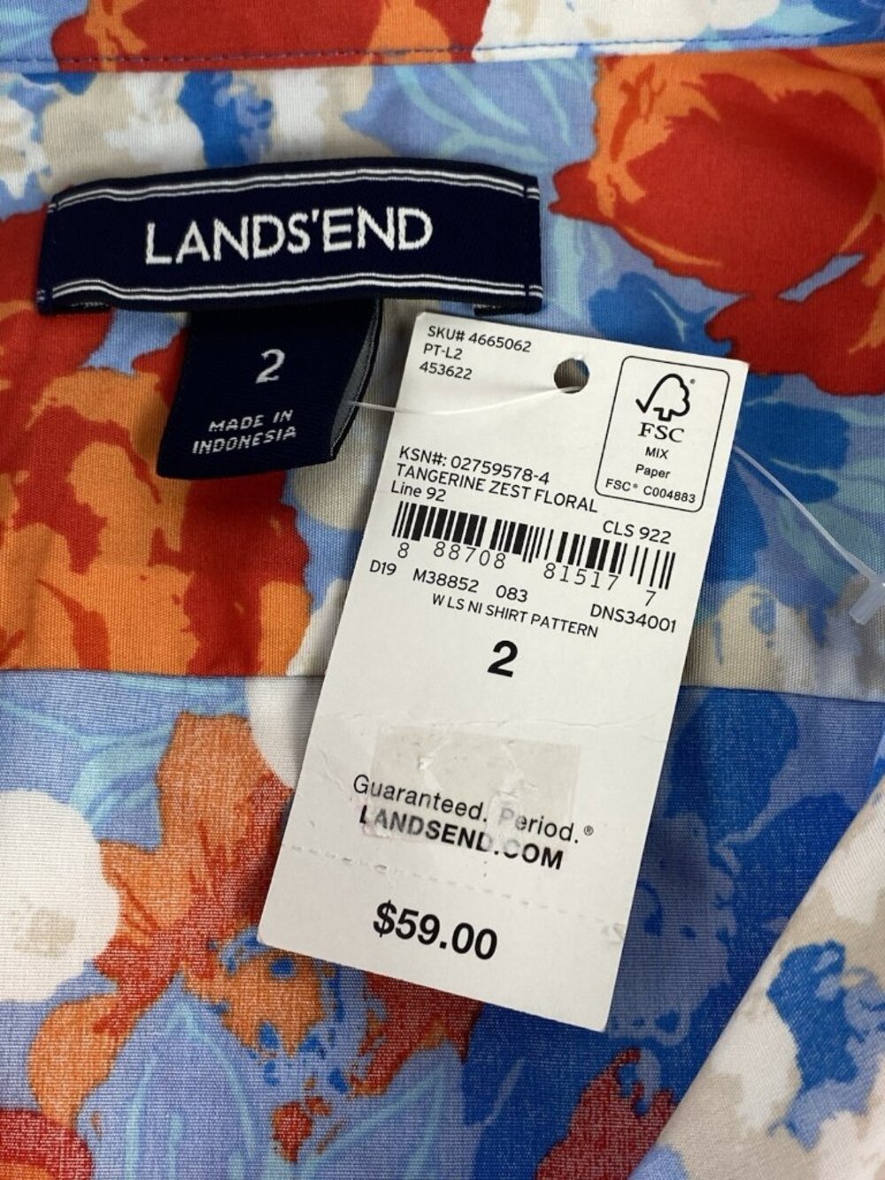 Lands End Size 2 No Iron Supima Cotton Blue Tangerine Zest Floral Button-Up Top - Picture 3 of 13